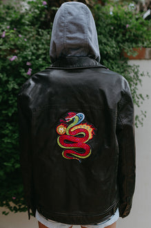 ジャケット・アウター archive gimmick Leather jacket hoodie Black Leather Jacket Hoody with Snake (Fierce) Patch – Mickey